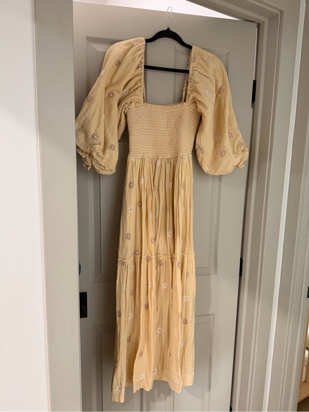 Smocked Square-Neck Maxi Dress in Pale Yellow